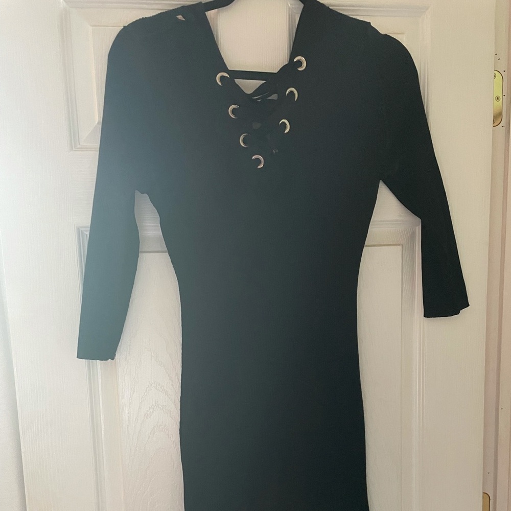Black crisscross V neck dress